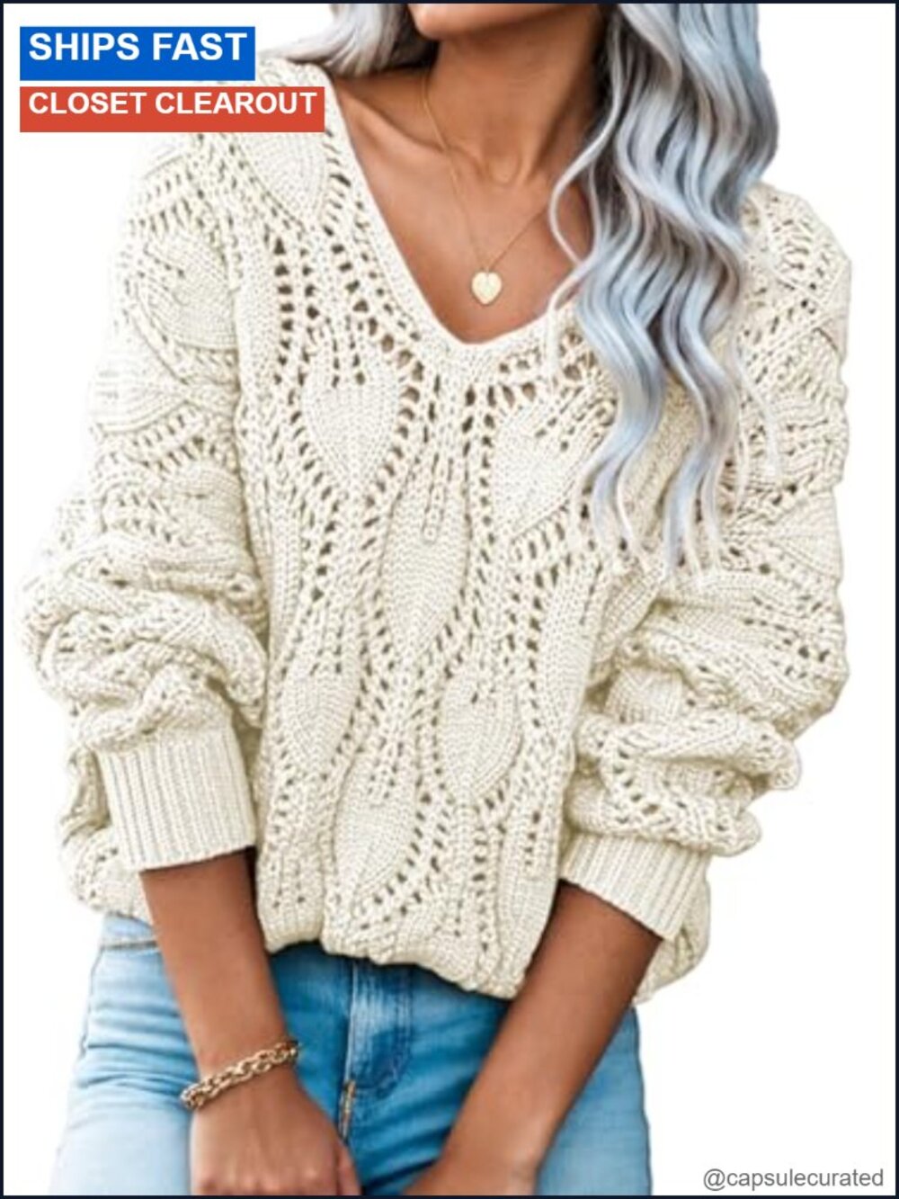 V Neck Crochet Hollow Out Long Sleeve Pullover Sweater Relaxed Fit